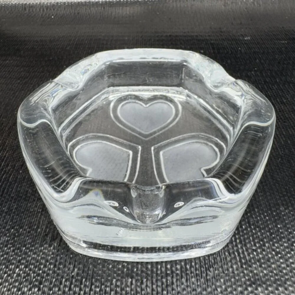 Vintage Scandinavian Clear Glass Dish Bowl Ashtray With Frosted Satin Hearts VTG